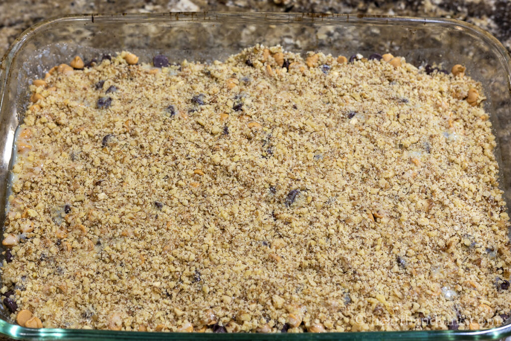 Top layer of 7 layer bars which is ground walnuts.