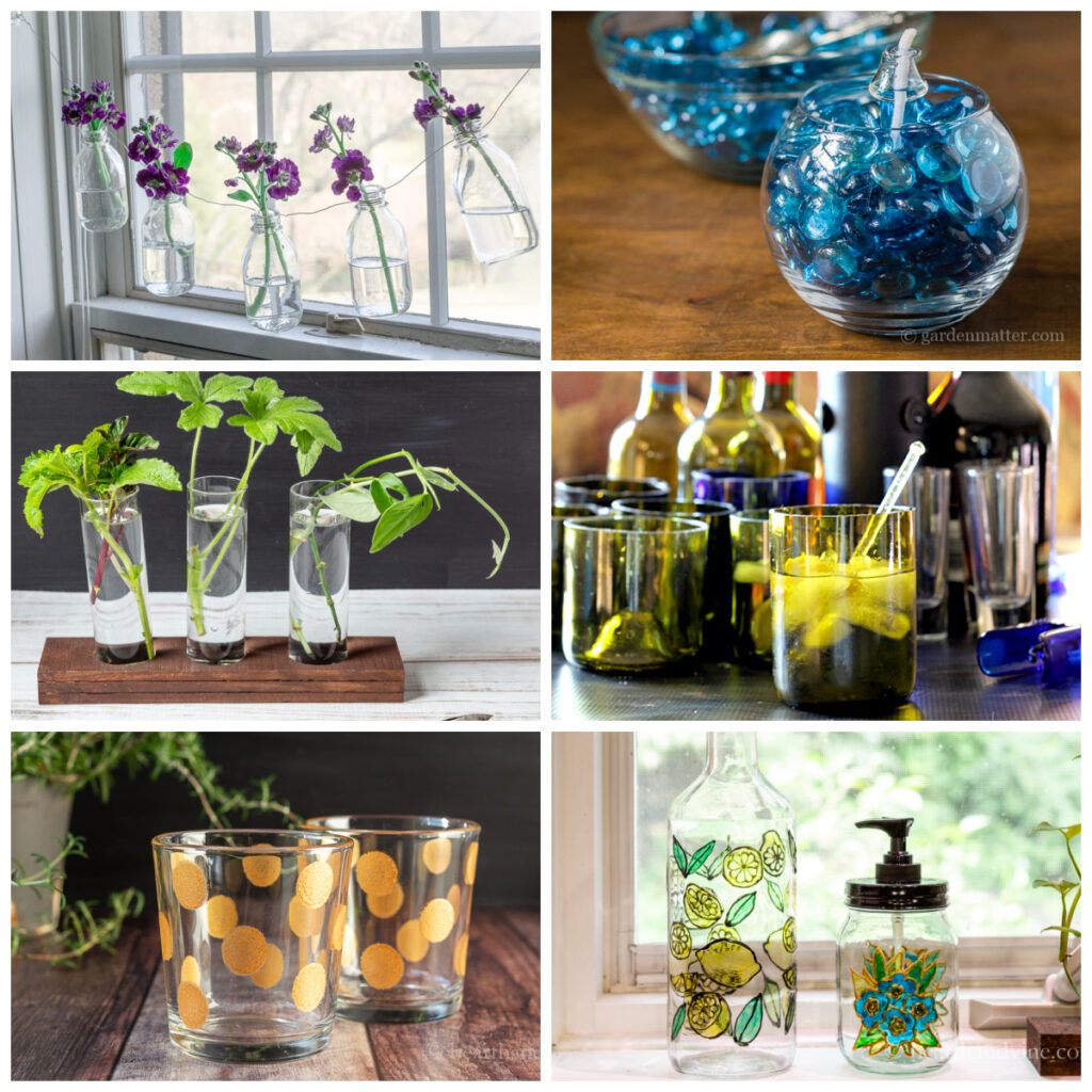 Collage of glass bottle crafts include a garland, lantern, painted glass and stained glass look.