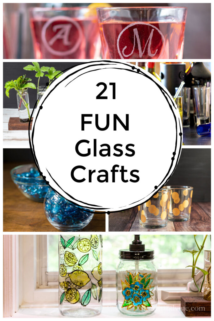 Collage of glass crafts including a lantern, painted glasses, wine bottle glasses and more.