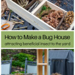 Making a bug house with gathered stick and moss over a collection of materials including a wood box, cardboard, bark, leaves and more.
