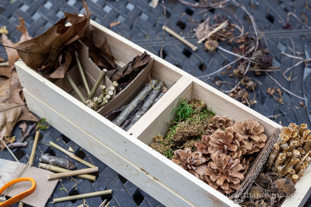 A small wood crate is filled with sticks, pine cones, moss, cardboard and leaves to create a bug house.