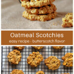 Stack of oatmeal butterscotch cookies over a rack of cookies.