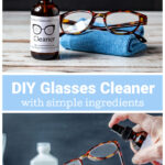 Bottle of glasses cleaner next to a cloth with a pair of glasses on top. Over an image showing the cleaner sprayed on the lenses.