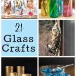 Collage of glass craft ideas including gold mercury glass, herbarium bottles and a birdfeeder.