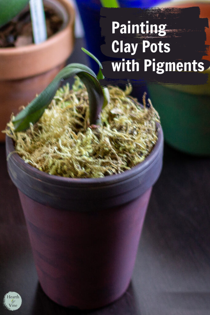 Wine red and purple pigments on a clay pot with an orchid and moss.