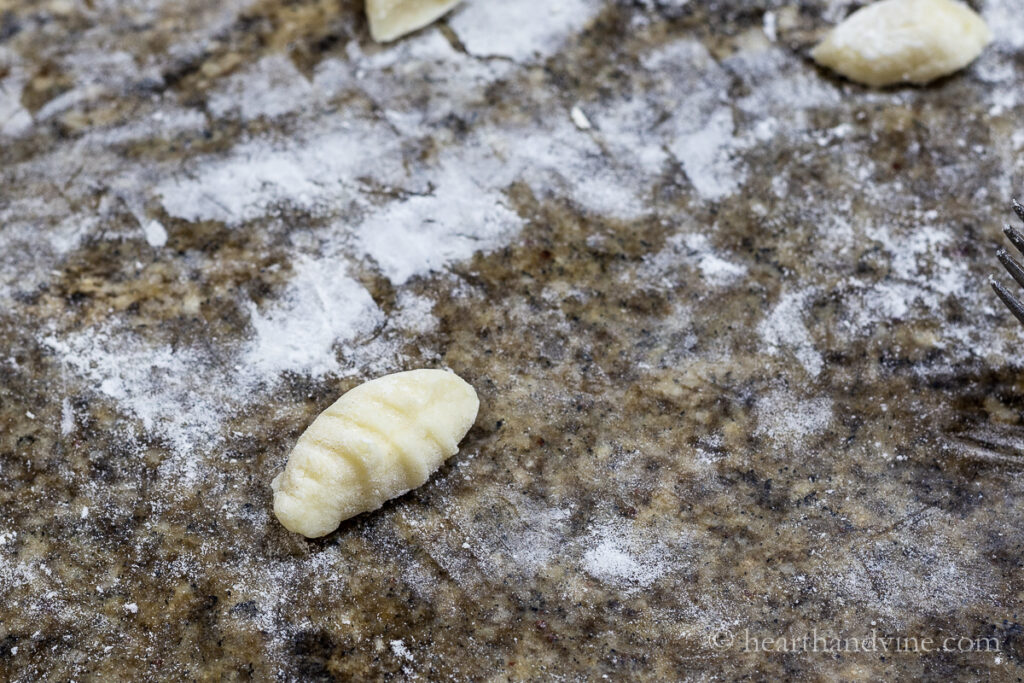 One finished piece of gnocchi.