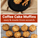 A coffee cake muffin over a dozen of the same muffin on a cooling rack.