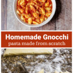 Bowl of gnocchi in red sauce over an image showing the cutting of dough into gnocchi.