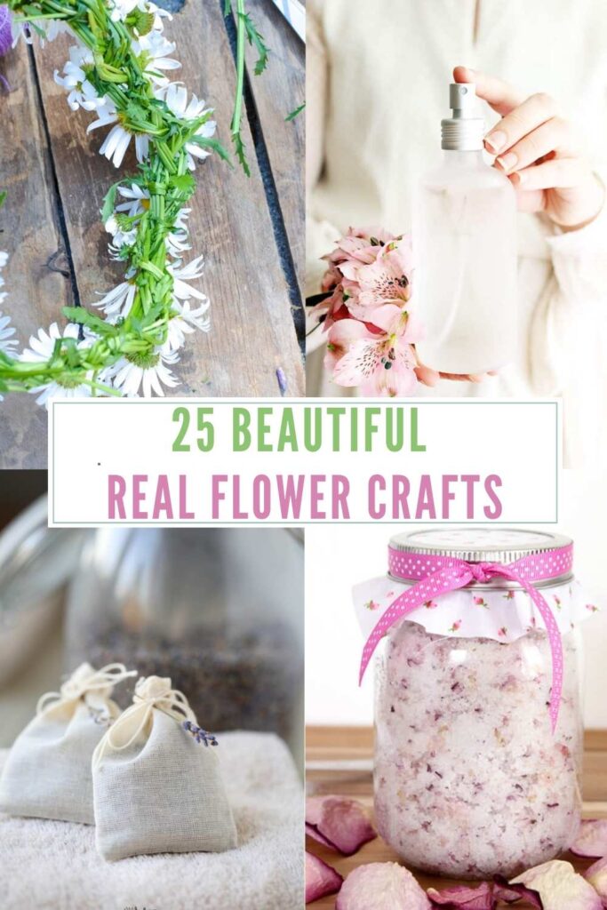 Collage of flower crafts including lavender bags, rose petal salts, a floral crown and floral perfume.