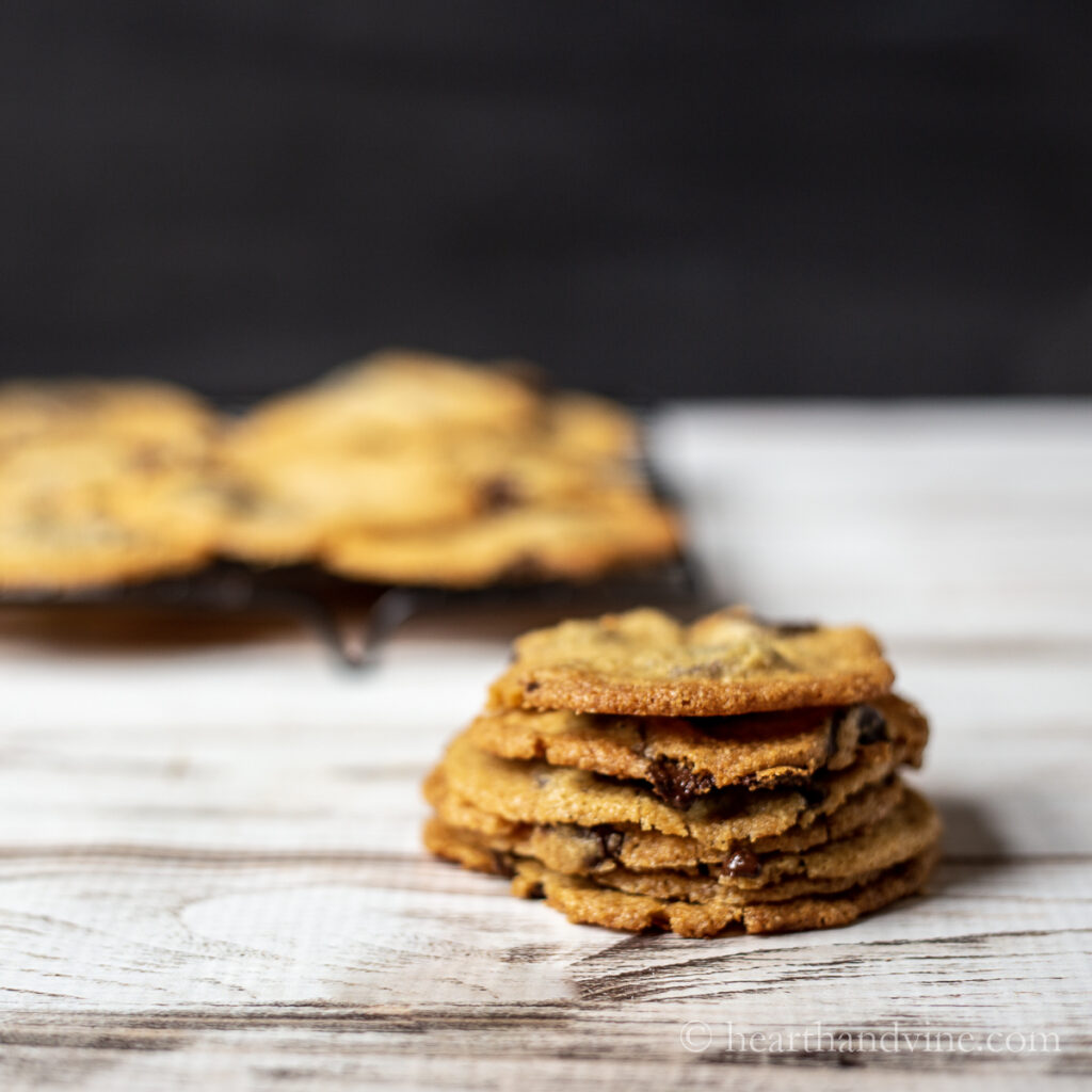 A stack of six almond flour chocolate chip cookies.