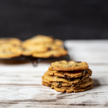 Stack of almond flour chocolate chip cookies.