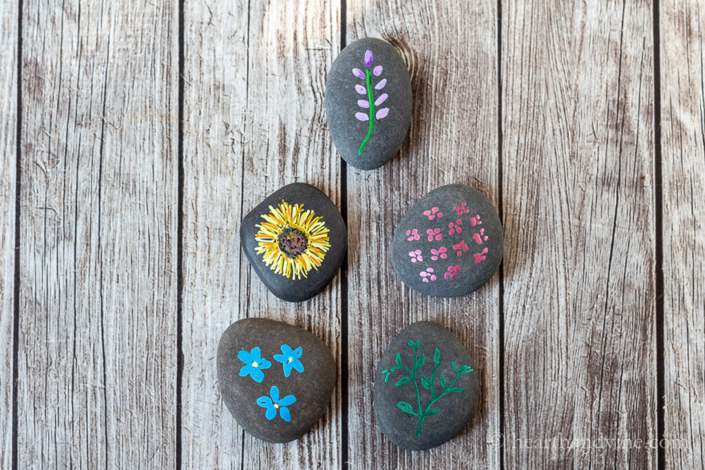 Five painted rocks in color. One a lavender stem, one a sunflower, one green leaves, one pink flowers and the last has blue flowers.