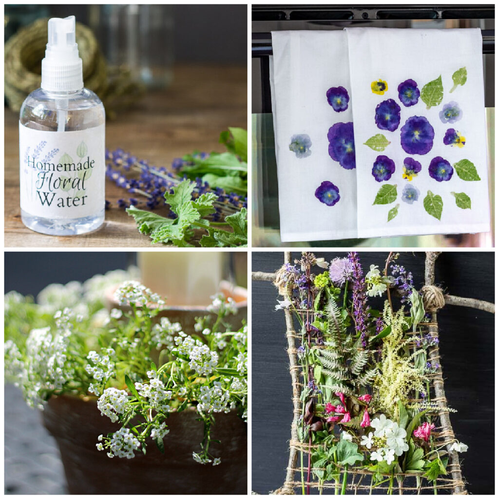 Collage of four, flower pounding towel, floral water, flower pot centerpiece and flower weaving.