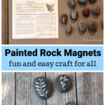 Painted rock magnets on a refrigerator over a few painted rocks on a table.