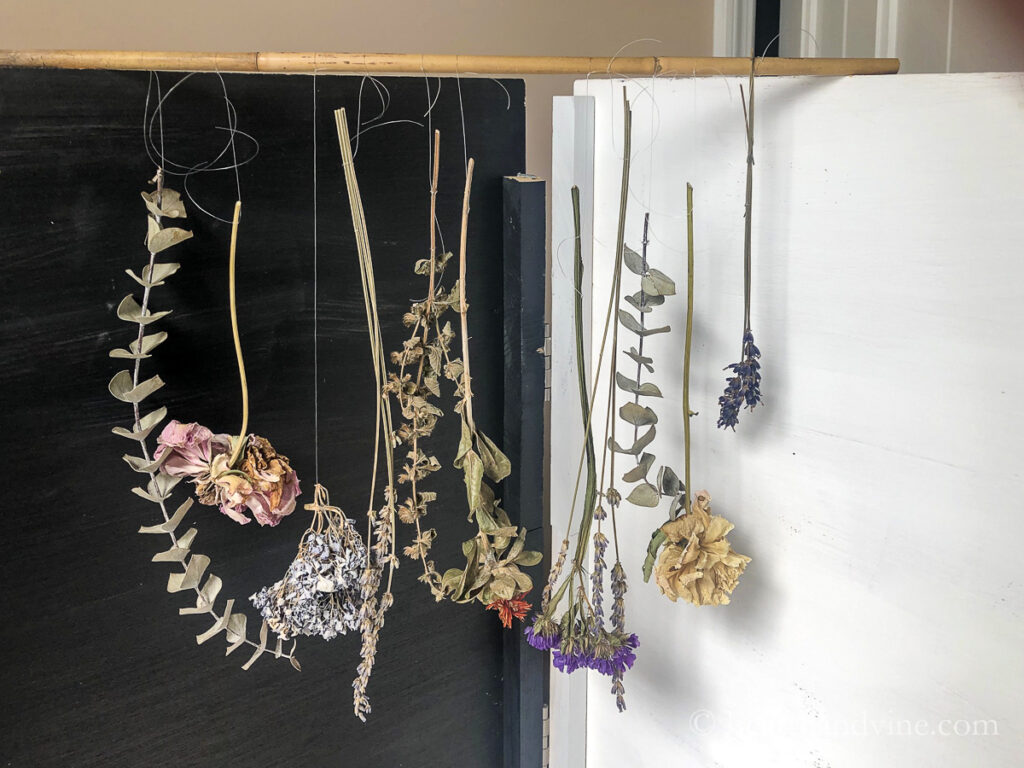 Dried flowers hung with fishing line on a bamboo stake.