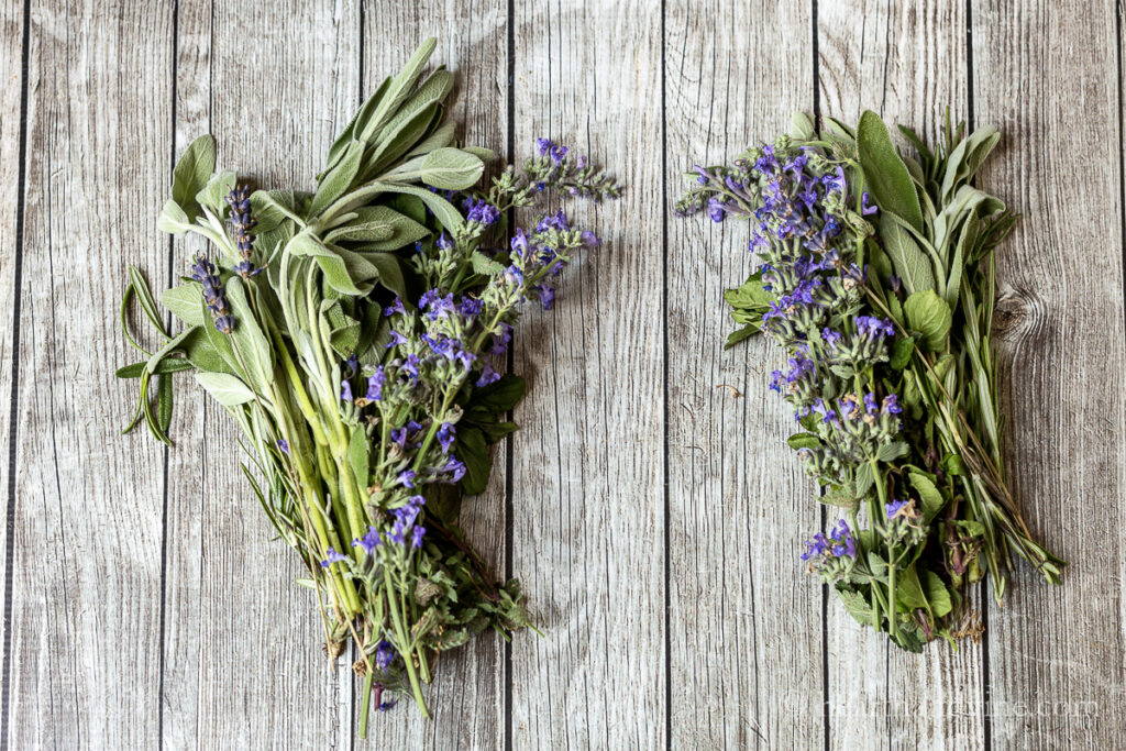 Two six inch bunches of herbs and flowers.