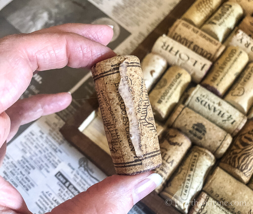Line of hot glue on a wine cork.