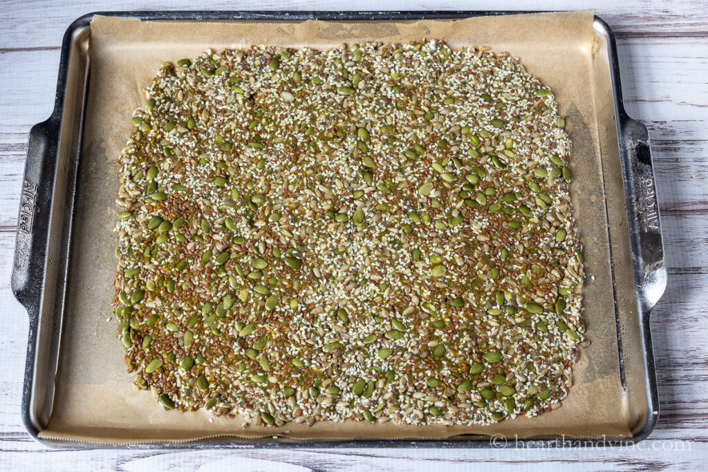 Seed mixture spread on parchment lined baking sheet.