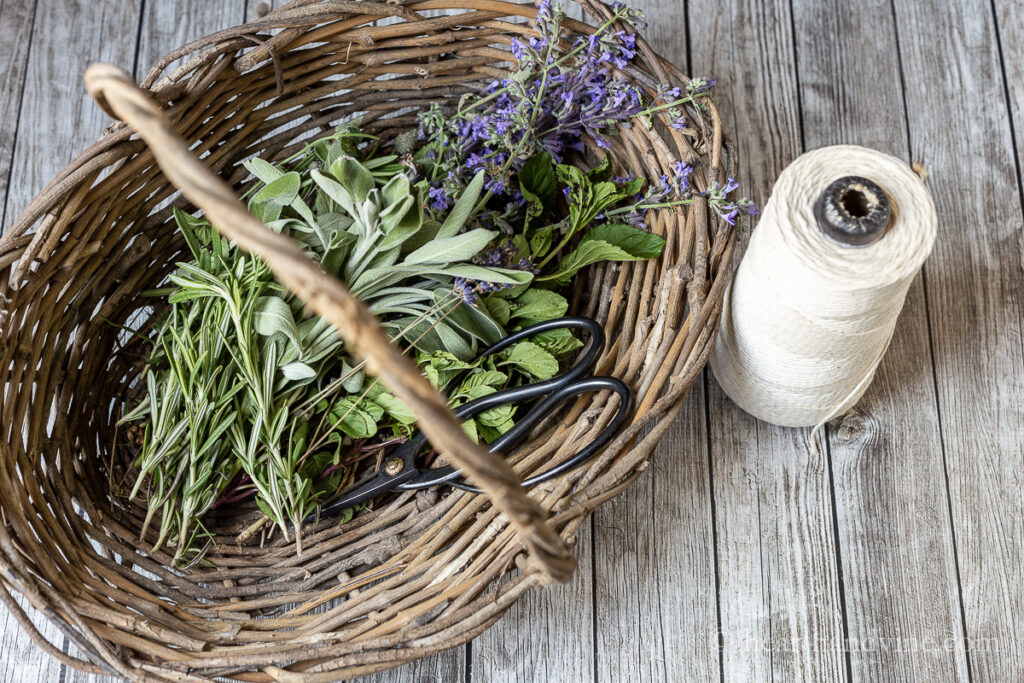 Basket of herbs and flower and a spool of white cotton twine.