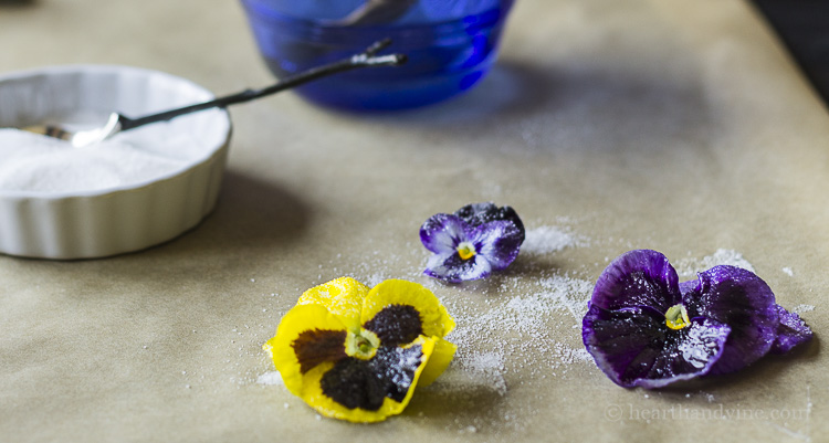 pansies with egg whites and superfine sugar.
