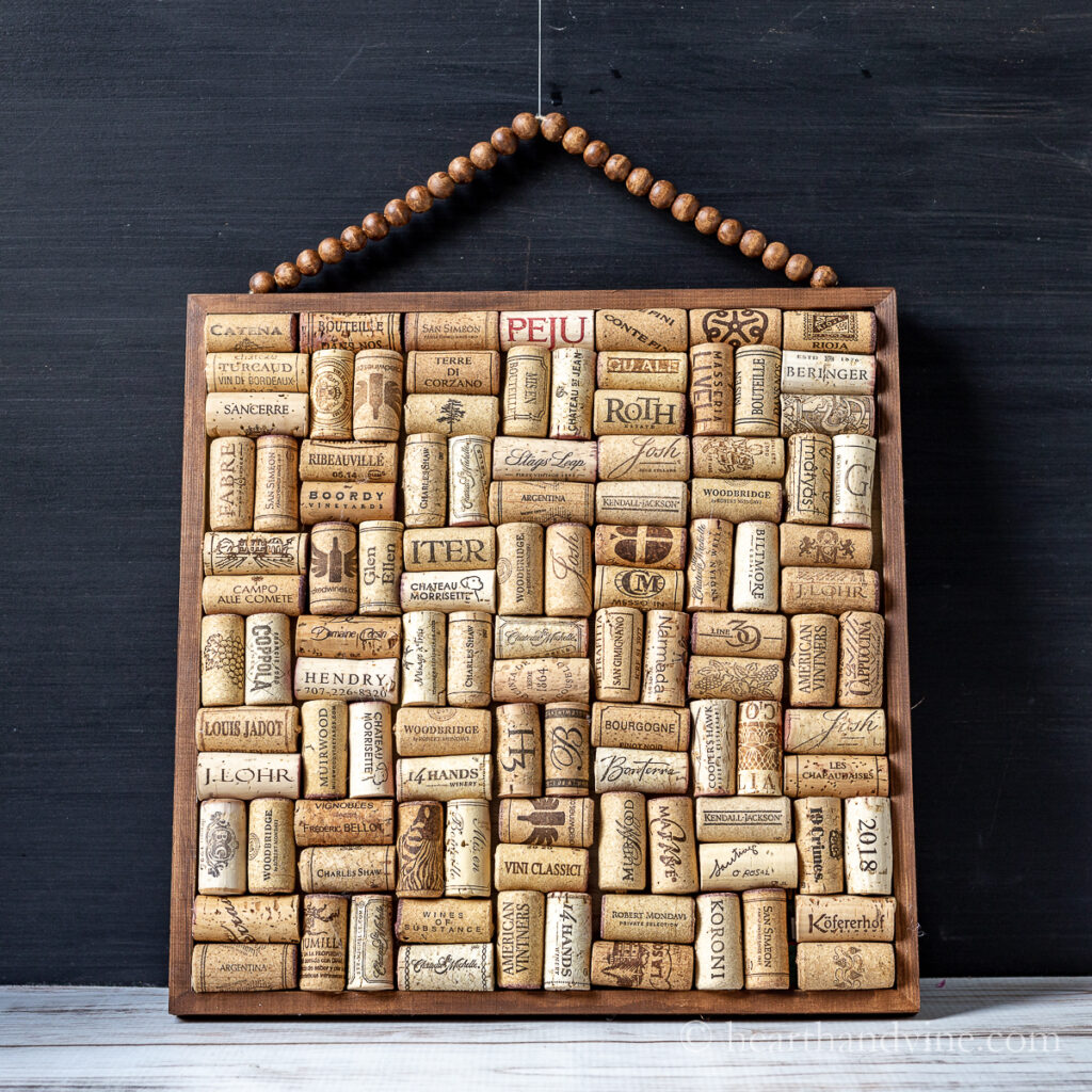 Recycled wine corks used to create a cork board.