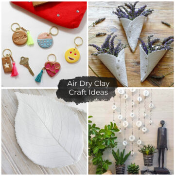 Air dry clay crafts of a leaf, key chain, wall hanging and flower cone.