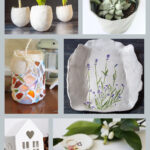 Collage of clay crafts including a leaf, a tray, candle, planters and dishes.