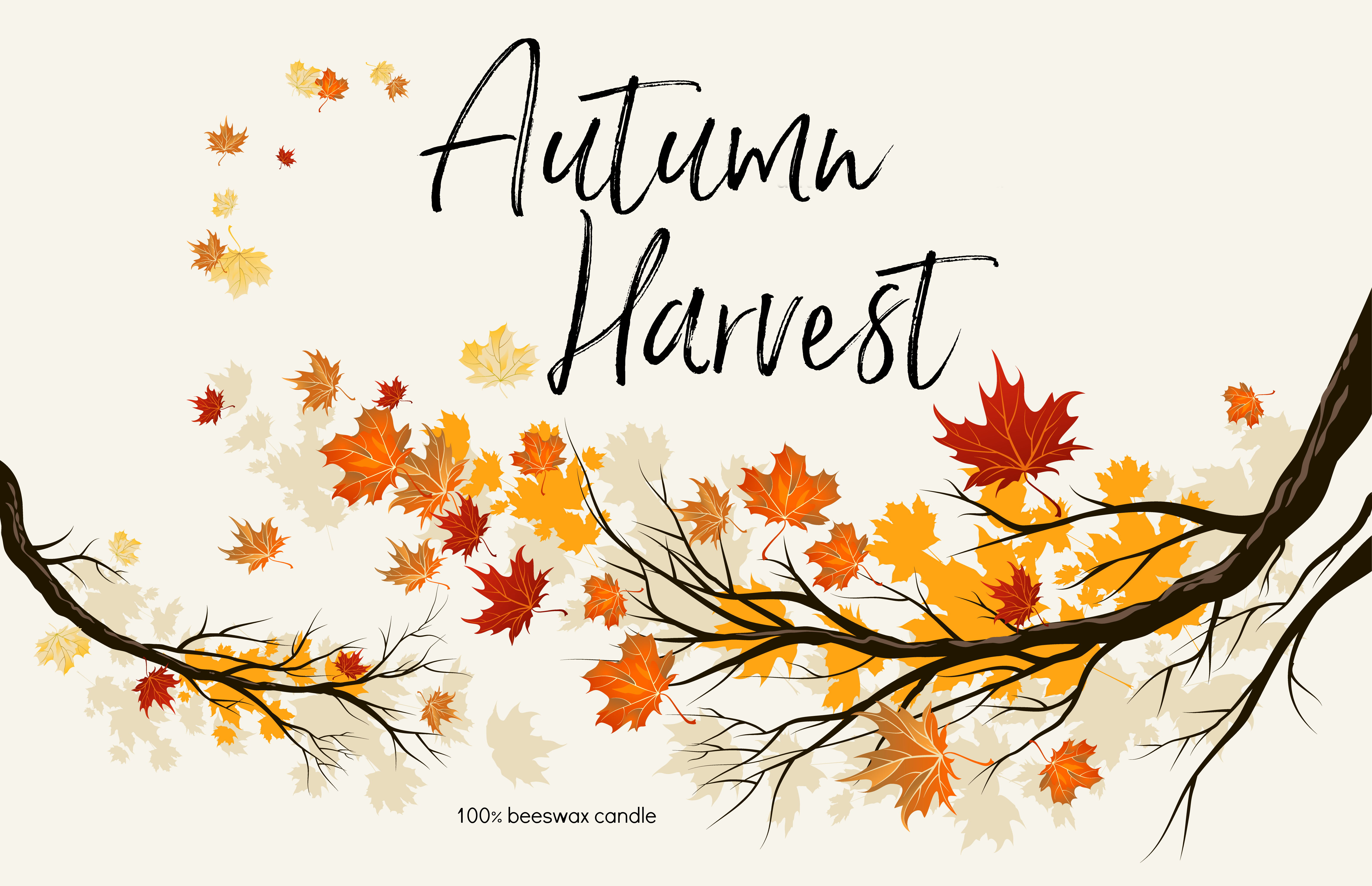 A printable jar label saying autumn harvest with a branch and autumn leaves.