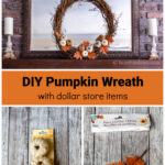 Grapevine pumpkin wreath on the mantel over mini pumpkins and leaves in packaging.