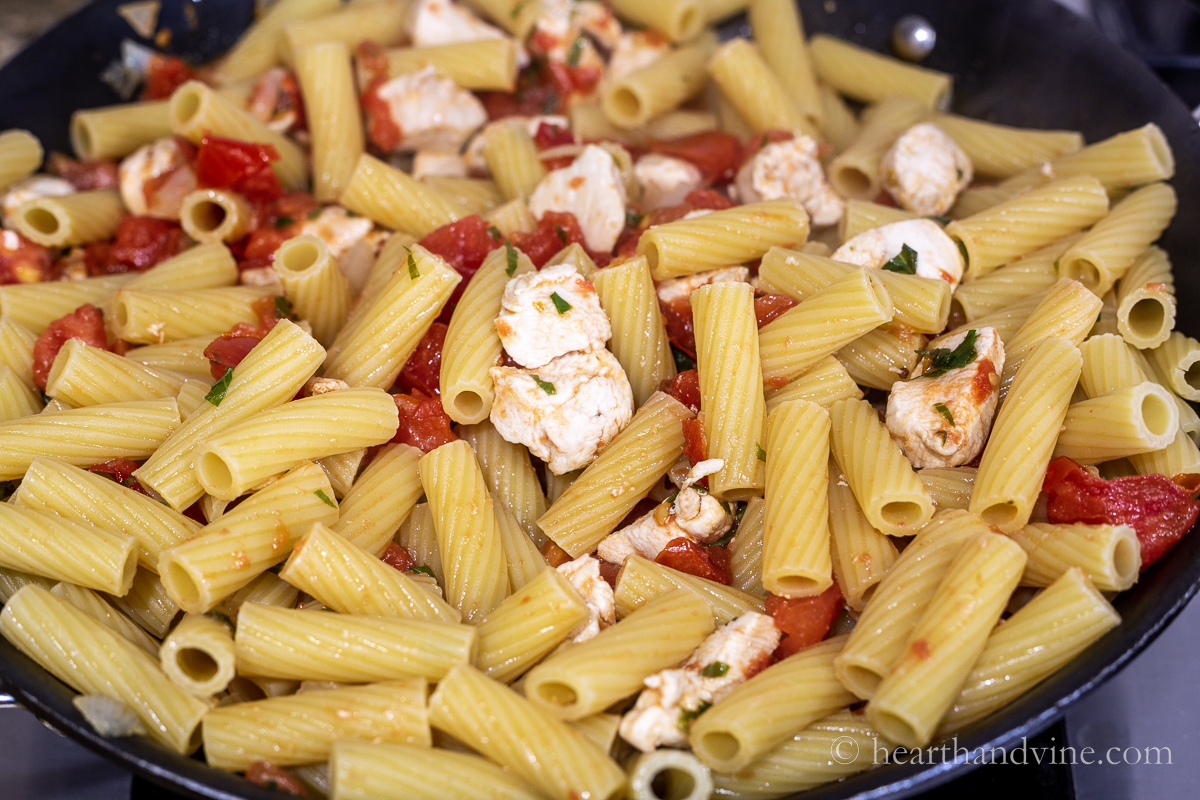 Large skillet with chopped chicken tomatoes and spices with cooked rigatoni noodles.