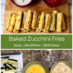 Tray of baked zucchini fries with ranch and marinara over zucchini sticks, a bowl of beaten eggs and a bowl of panko breadcrumbs.