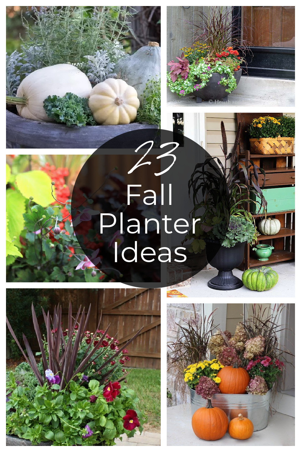 Group of six front porch planters for fall with a text overlay saying 23 fall planter ideas.