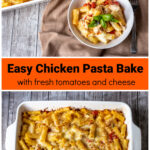 Serving of chicken pasta bake in a bowl over a casserole dish of chicken pasta bake.