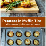Baked cheesy potato stacks on a board over the potatoes in muffin tins.