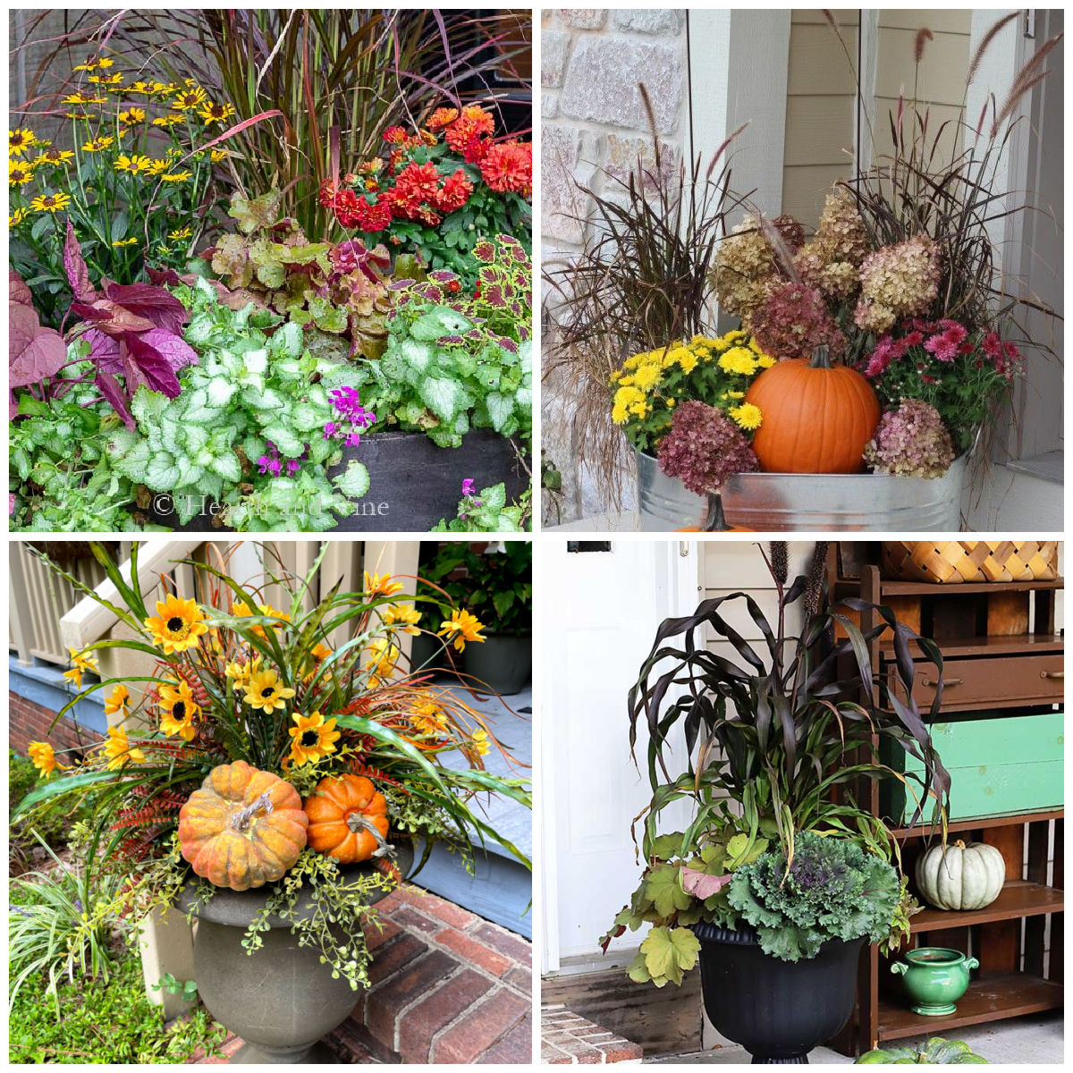 Four beautiful front porch fall planter ideas in urns and pots with pumpkins and other fall plants.