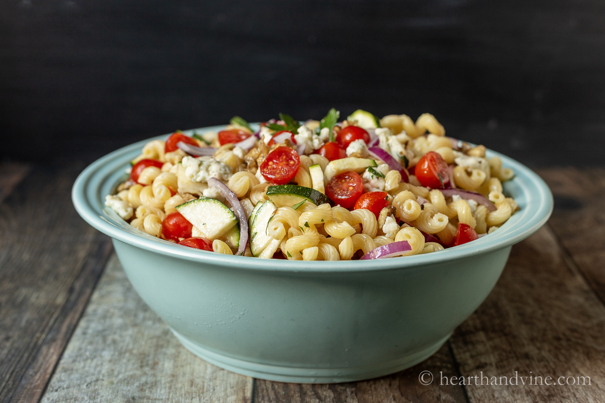 Side view of blue cheese pasta salad.