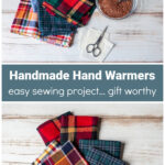 Plaid fabric, a bowl of flaxseed, scissors over three sets of plaid hand warmers.