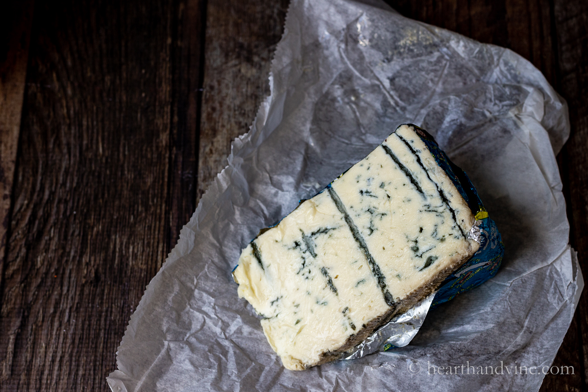 Block of Gorgonzola cheese.