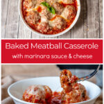 Meatball casserole dish over a serving of the casserole in a bowl with a fork taking a bite.