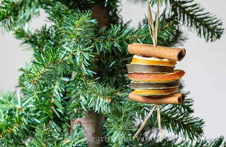 Dried lemon, lime and orange slices with cinnamon sticks to create a Christmas tree ornament.