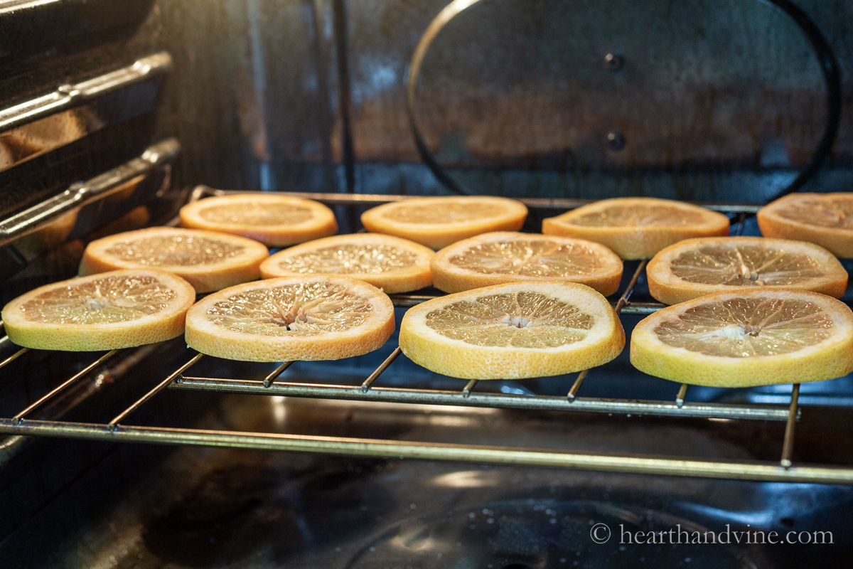 A single layer of fresh orange slices on a oven rack in the oven.