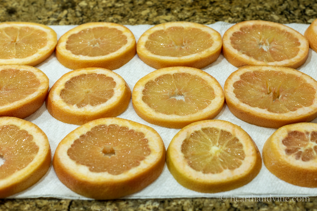 Fresh orange slices laid out on paper towels on the counter.