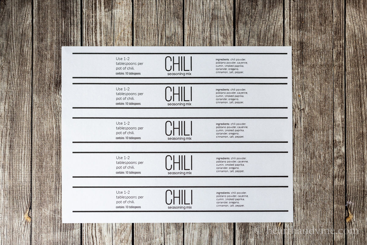 Page of chili mix labels.