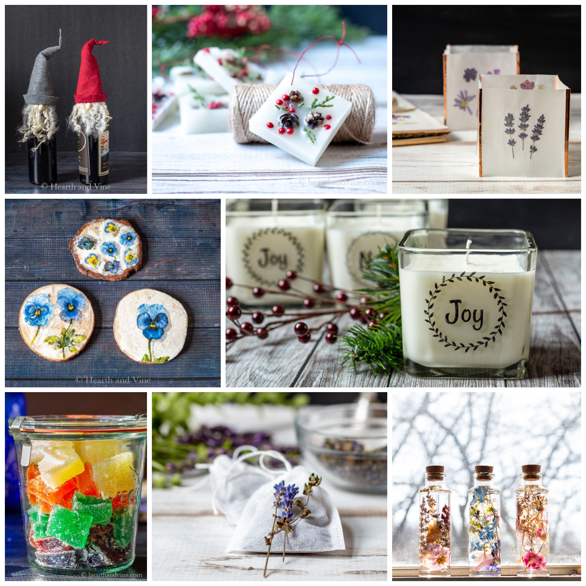 A collage of homemade holiday gifts including coasters, jelly candy, candles, pressed flower gifts and more.