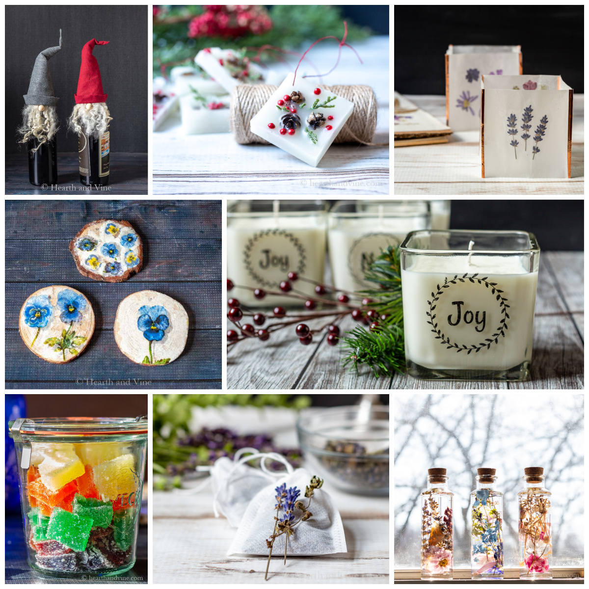 Collage of gifts including candles, coasters, jelly candy and more.