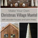 Christmas wooden homes village with yarn trees over one house and tree.