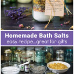 Jar of herbal bath salts over the supplies including salts essential oils and different herbs.