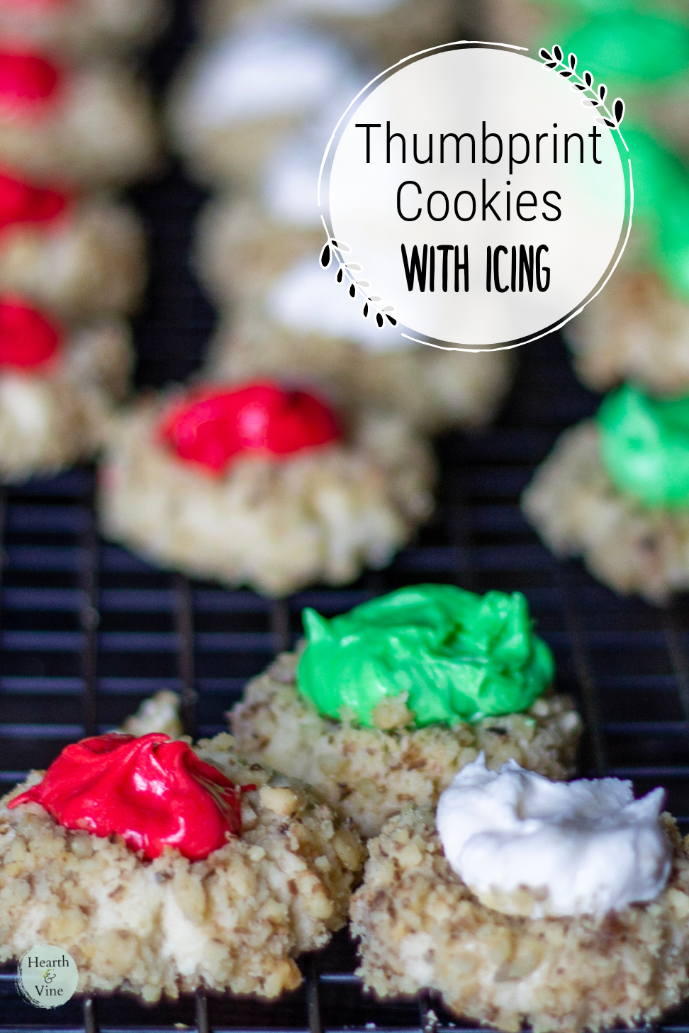 Thumbprint cookies with icing in red, green and white.