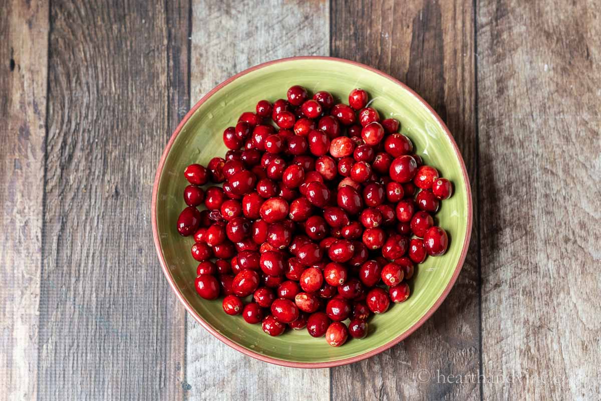 Bowl of fresh cranberries.