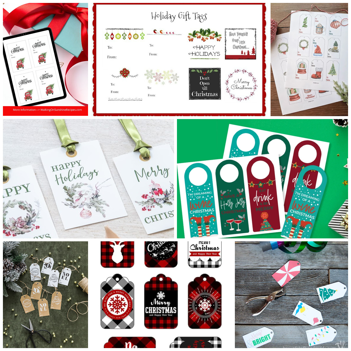 Collage of different free printable Christmas tags.